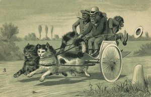 Macacos a conduzir uma carruagem puxada por dois gatos (litografia) de European School
