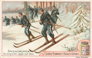 Noruega, soldados em esquis, cartão Liebig, início do século XX (cromo) de European School