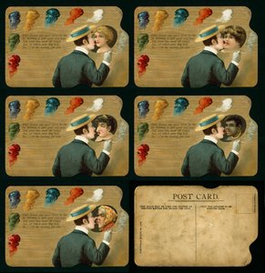 Postal de novidade mostrando um homem a beijar cinco raparigas diferentes (litografia a cores) de European School