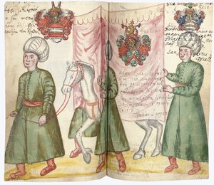 Páginas do Álbum Amicorum de Julius Pflug, incluindo trajes e brasões turcos, 1600-1313 de European School