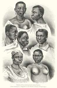 Padrões de tatuagem de cicatrizes encontrados entre os negros (gravura) de European School