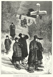 Pessoas com sapatos de neve voltando da igreja no domingo, Canadá (litho) de European School