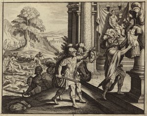 Filisteus colocando a cabeça de Saul no templo do seu deus Dagon (gravura) de European School
