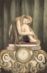 Retrato de uma rapariga sentada por cima de um relógio (litografia a cores) de European School