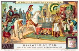 Porus, Rei dos Pauravas, oferecendo a Alexandre o Grande uma barra de aço (chromolitho) de European School
