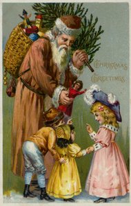 O Pai Natal a dar presentes e uma árvore de Natal às crianças (litografia a cores) de European School