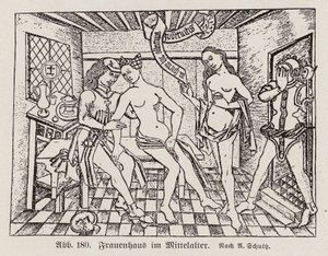 Cena de um Frauenhaus, um bordel alemão do final da Idade Média (gravura) de European School