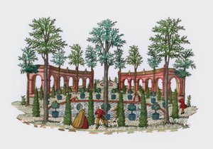 Cena em um jardim italiano (gravura colorida) de European School