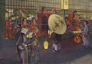 Cena no bairro de Yoshiwara em Tóquio, Japão (litografia a cores) de European School