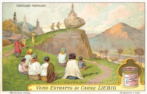 Budistas siameses adoram em um santuário de pedra de equilíbrio (chromolitho) de European School
