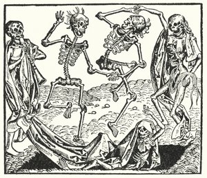 Esqueletos de uma dança de morte medieval (gravura) de European School