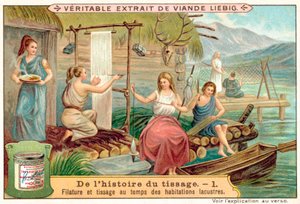 Giro e tecelagem numa antiga aldeia à beira de um lago (chromolitho) de European School