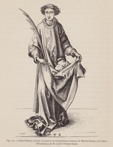St Stephen carregando folha de palmeira de um mártir e as pedras usadas em seu martírio (gravura) de European School