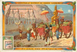 Estátua de Osíris visitando o templo de Ipsambul, cartão Liebig, início do século XX (cromo) de European School