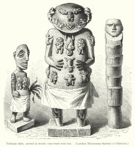 Ídolos taitianos, esculpidos em madeira (gravura) de European School