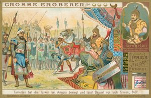 Tamburlaine conquista Bajazeth, cartão Liebig, início do século XX (cromo) de European School