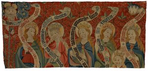 Fragmento de tapeçaria representando o Todo-Poderoso e seis mulheres santas, provavelmente de um antepêndio, fim do século XV (lã) de European School