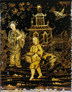 Chá Caddy à maneira chinesa representando um porteiro e uma senhora carregando um bule (metal) de European School
