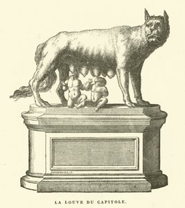 O Lobo Capitólio, escultura em bronze que retrata a loba que mama Rómulo e Remo, os gémeos fundadores de Roma (gravura) de European School