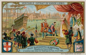 A recepção de Francis Drake a Londres da América do Sul em 1581 (chromolitho) de European School