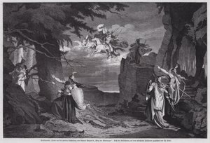 The Ride of the Valkyries, cena de Die Walkure, a segunda ópera do Der Ring des Nibelungen, de Richard Wagner, apresentada no National Theatre, Munique (gravura) de European School