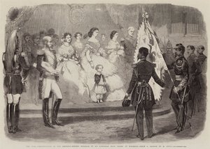 A Guerra, Apresentação à Imperatriz-Regente Eugenie de uma Bandeira Austríaca tirada na Magenta (gravura) de European School