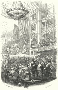 O início da Revolução Belga: representação da ópera La Muette de Porcini de Daniel Auber no Teatro de la Monnaie em Bruxelas, 25 de Agosto de 1830 (gravura) de European School
