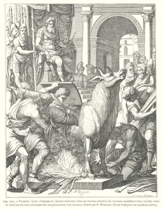 O touro descarado: instrumento de tortura e execução pelo fogo utilizado pelo tirano grego antigo Phalaris de Akragas (Agrigento), Sicília (gravura) de European School