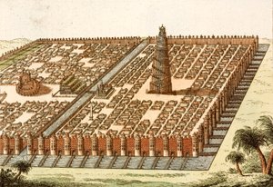 Torre de Babel, Palácio Real e Jardins Suspensos de Bablyon (gravura colorida) de European School