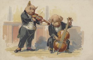 Dois porcos a tocar instrumentos musicais (litografia a cores) de European School
