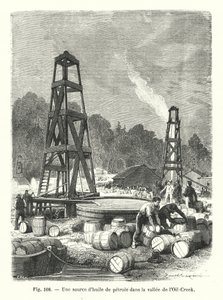 Uma fonte de petróleo no vale Oil-Creek (gravura) de European School