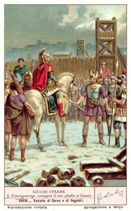 Vercingetorix entregando sua espada a Júlio César após o Cerco de Alesia, 52 a.C. (chromolitho) de European School
