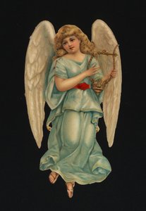 Sucata vitoriana: Anjo tocando harpa (chromolitho) de European School