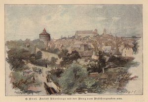 Vista de Nuremberga e do seu castelo, Alemanha (gravura a cores) de European School