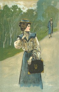 Mulher no bosque a ser observada por um homem (litografia a cores) de European School