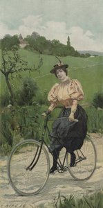 Mulher andando de bicicleta em uma estrada de campo (cor litho) de European School