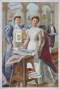 Mulher com um jornal, anúncio para o chocolate Suchard (chromolitho) de European School