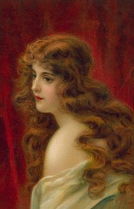 Mulher com cabelo ruivo comprido (litografia a cores) de European School