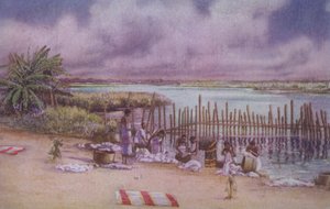 Mulheres a lavar a roupa no rio, Norte de África (litografia a cores) de European School
