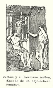 Zethus e Amphion, filhos gêmeos de Zeus, baixos-relevos romanos (litho) de European School