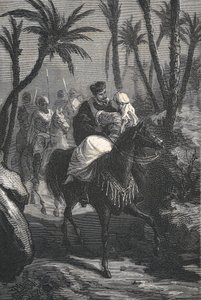 Cervantes monta um cavalo com uma mulher num oásis de Eusebio Planas