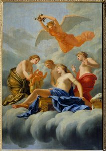 O nascimento de Vénus do Amor dá à luz o Cupido. Pintura da oficina de Eustache Le Sueur (1617-1655) Sol do século XVII. 1,82x1,25 m .