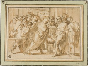 Cena da história romana, com figura drapeada apresentando o livro ao governante de Eustache Le Sueur