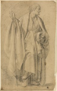Figura masculina drapejada em pé, segurando o bastão de Eustache Le Sueur
