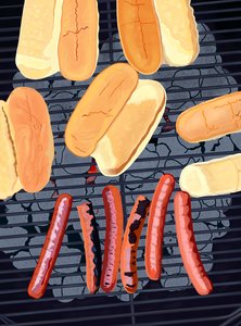6 cachorros quentes no grelhador, lado sul de Streef (arte digital) de Evan Sklar