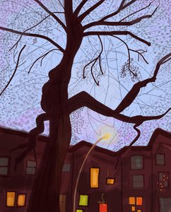 Brooklyn Brownstone Street At Dusk, 2016 (desenhado à mão num iPad com um lápis Apple) de Evan Sklar