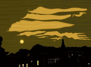 Nuvens, lua e parque a partir do telhado (arte digital) de Evan Sklar