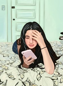 Rapariga na cama a olhar para o telemóvel (arte digital) de Evan Sklar