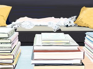 A Minnie no sofá com livros, c.2020-24 (arte digital) de Evan Sklar