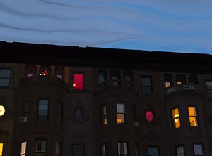 Casas geminadas com janelas coloridas e iluminadas, Brooklyn (arte digital) de Evan Sklar